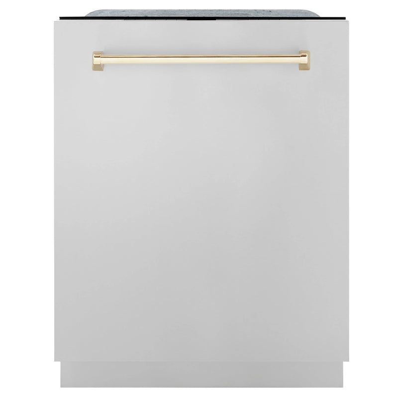 ZLINE Autograph Edition 3-Piece Appliance Package - 30-Inch Dual Fuel Range, Wall Mounted Range Hood, & 24-Inch Tall Tub Dishwasher in Stainless Steel with Gold Trim (3AKP-RARHDWM30-G)