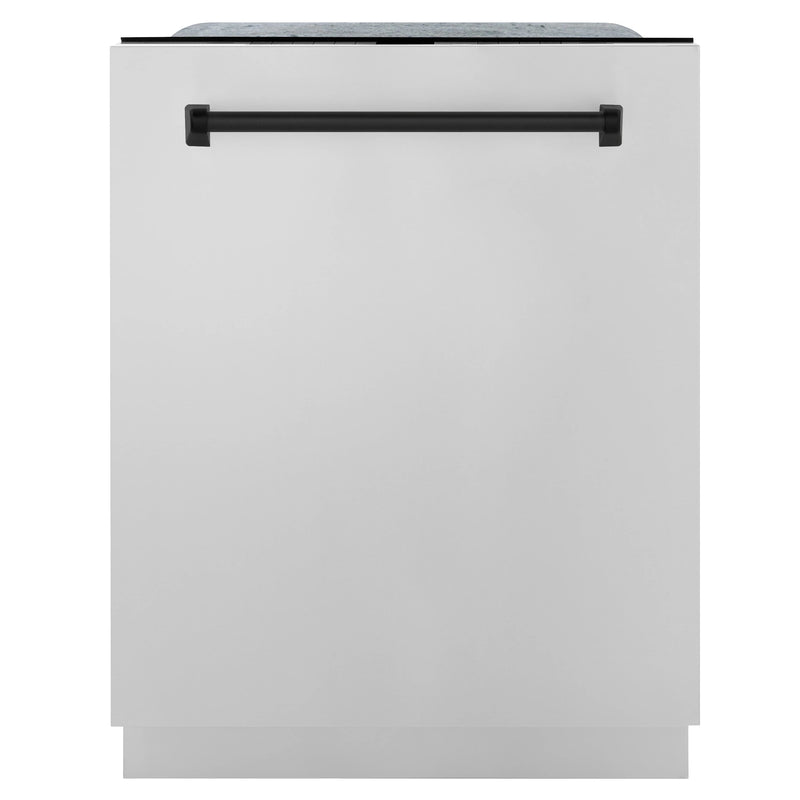 ZLINE Autograph Edition 4-Piece Appliance Package - 30-Inch Dual Fuel Range, Refrigerator with Water Dispenser, Wall Mounted Range Hood, & 24-Inch Tall Tub Dishwasher in Stainless Steel with Matte Black Trim (4AKPR-RARHDWM30-MB)