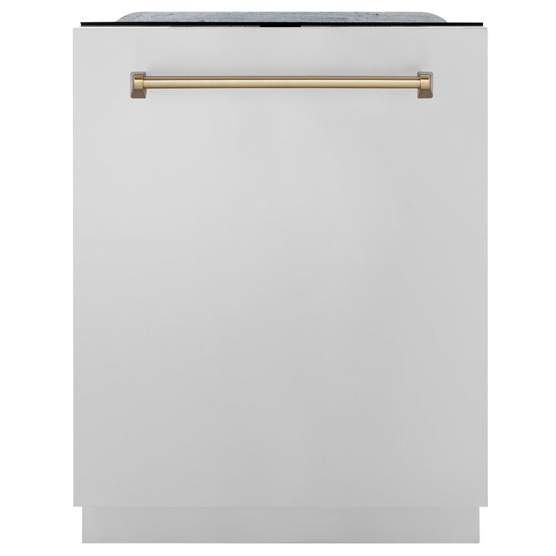 ZLINE Autograph Edition 4-Piece Appliance Package - 30-Inch Gas Range, Refrigerator with Water Dispenser, Wall Mounted Range Hood, & 24-Inch Tall Tub Dishwasher in Stainless Steel with Champagne Bronze Trim (4AKPR-RGRHDWM30-CB)