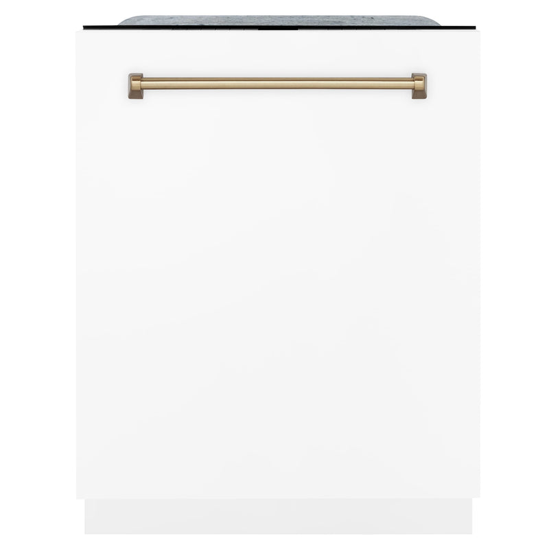 ZLINE Autograph Edition 3-Piece Appliance Package - 48-Inch Dual Fuel Range, Wall Mounted Range Hood, & 24-Inch Tall Tub Dishwasher in Stainless Steel and White Door with Champagne Bronze Trim (3AKP-RAWMRHDWM48-CB)