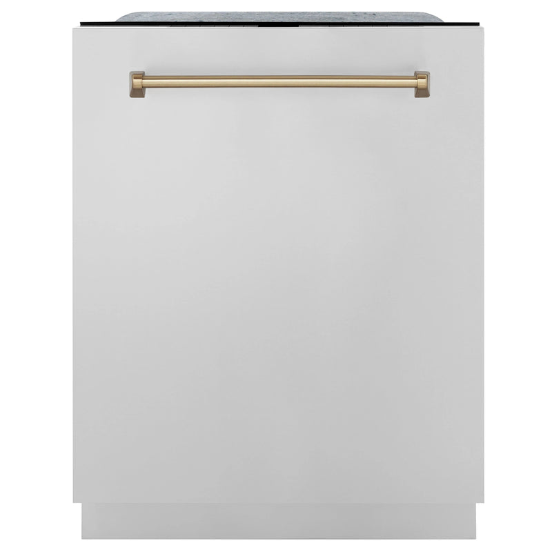 ZLINE Autograph Edition 4-Piece Appliance Package - 48-Inch Dual Fuel Range, Refrigerator with Water Dispenser, Wall Mounted Range Hood, & 24-Inch Tall Tub Dishwasher in Stainless Steel with Champagne Bronze Trim (4AKPR-RARHDWM48-CB)