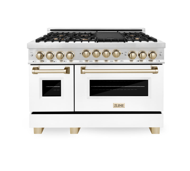 ZLINE Autograph Edition 3-Piece Appliance Package - 48-Inch Gas Range, Wall Mounted Range Hood, & 24-Inch Tall Tub Dishwasher in Stainless Steel and White Door with Gold Trim (3AKPR-RGWMRH48-G)