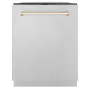 ZLINE Autograph Edition 4-Piece Appliance Package - 48-Inch Gas Range, Refrigerator, Wall Mounted Range Hood, & 24-Inch Tall Tub Dishwasher in Stainless Steel with Gold Trim (4AKPR-RGRHDWM48-G)