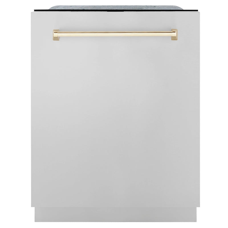 ZLINE Autograph Edition 4-Piece Appliance Package - 48-Inch Gas Range, Refrigerator with Water Dispenser, Wall Mounted Range Hood, & 24-Inch Tall Tub Dishwasher in Stainless Steel with Gold Trim (4KAPR-RGRHDWM48-G)