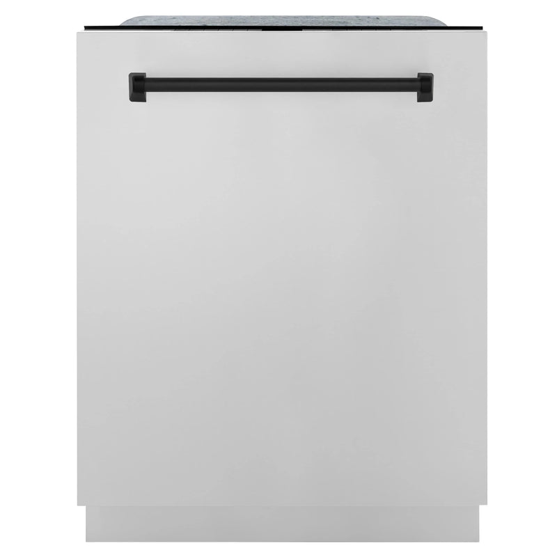 ZLINE Autograph Edition 4-Piece Appliance Package - 48-Inch Gas Range, Refrigerator with Water Dispenser, Wall Mounted Range Hood, & 24-Inch Tall Tub Dishwasher in Stainless Steel with Matte Black Trim (4KAPR-RGRHDWM48-MB)