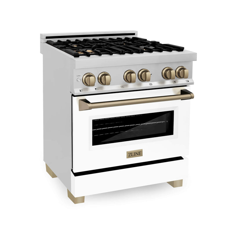 ZLINE Autograph Edition 30-Inch 4.0 cu. ft. Dual Fuel Range with Gas Stove and Electric Oven in Stainless Steel with White Matte Door and Champagne Bronze Accents (RAZ-WM-30-CB)