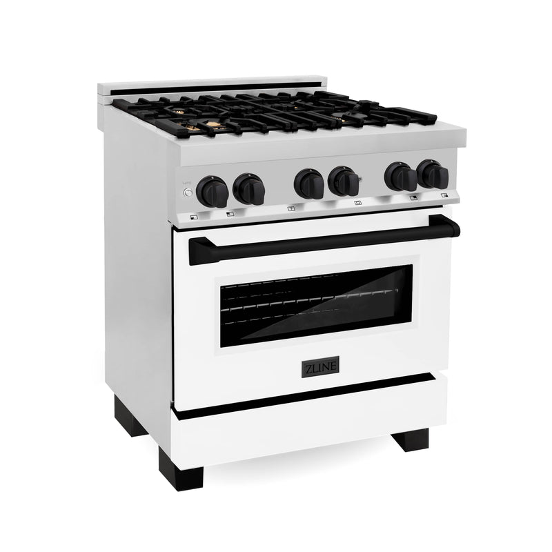 ZLINE Autograph Edition 30-Inch 4.0 cu. ft. Dual Fuel Range with Gas Stove and Electric Oven in Stainless Steel with White Matte Door and Matte Black Accents (RAZ-WM-30-MB)