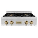 ZLINE Autograph Edition 30 in. Porcelain Rangetop with 4 Gas Burners in Stainless Steel and Champagne Bronze Accents, RTZ-30-CB