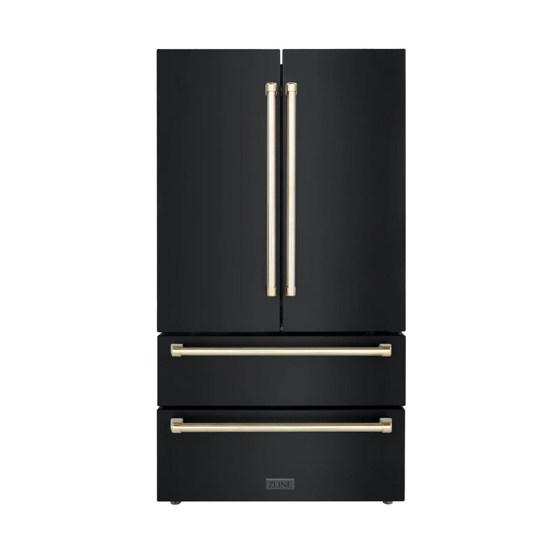 ZLINE Autograph Edition 4-Piece Appliance Package - 48-Inch Gas Range, Refrigerator, Wall Mounted Range Hood, & 24-Inch Tall Tub Dishwasher in Black Stainless Steel with Gold Trim (4AKPR-RGBRHDWV48-G)