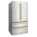ZLINE Autograph Edition 36-Inch 22.5 cu. ft 4-Door French Door Refrigerator with Ice Maker in Stainless Steel with Polished Gold Square Handles RFMZ-36-FG