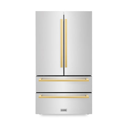 ZLINE Autograph Edition 36-Inch 22.5 cu. ft 4-Door French Door Refrigerator with Ice Maker in Stainless Steel with Polished Gold Square Handles RFMZ-36-FG