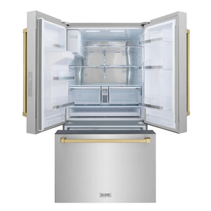 ZLINE Autograph Edition 36 -Inch 28.9 cu. ft. Standard-Depth French Door External Water Dispenser Refrigerator with Dual Ice Maker in Fingerprint Resistant Stainless Steel and Champagne Bronze Handles RSMZ-W-36-CB