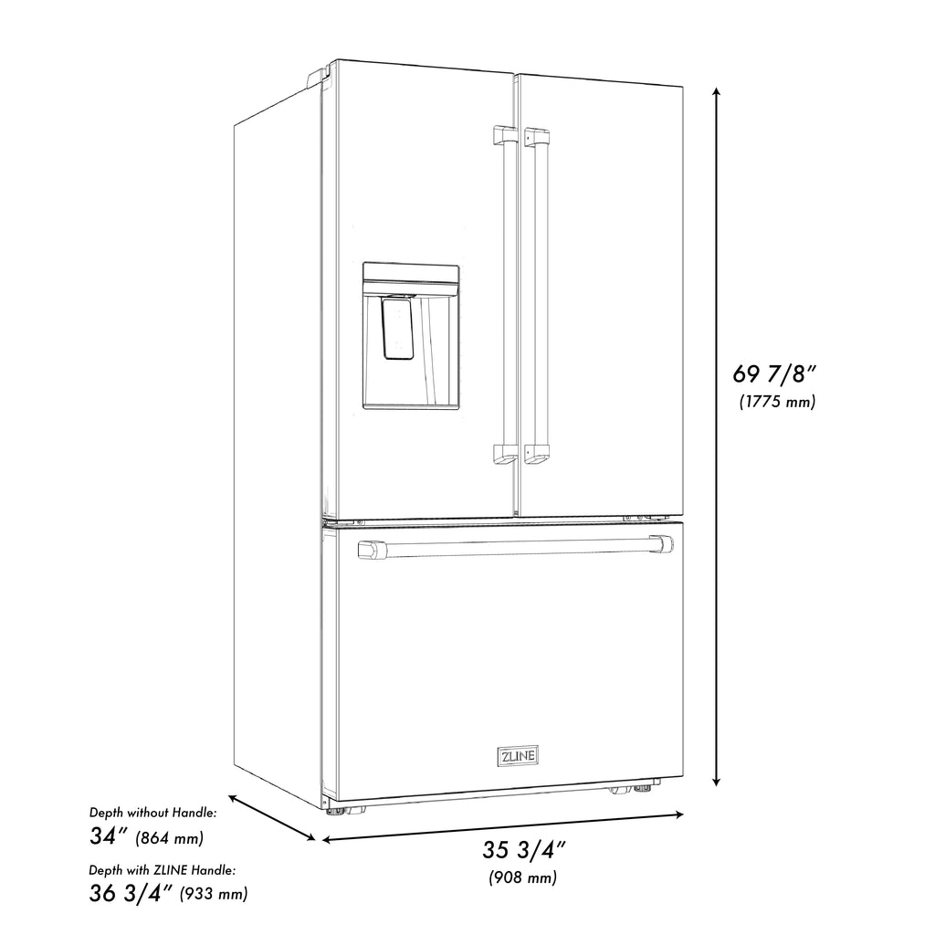 ZLINE Autograph Edition 36 -Inch 28.9 cu. ft. Standard-Depth French Door External Water Dispenser Refrigerator with Dual Ice Maker in Fingerprint Resistant Stainless Steel and Champagne Bronze Handles RSMZ-W-36-CB
