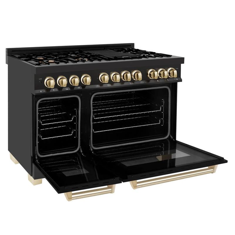 ZLINE Autograph Edition 4-Piece Appliance Package - 48-Inch Dual Fuel Range, Refrigerator, Wall Mounted Range Hood, & 24-Inch Tall Tub Dishwasher in Black Stainless Steel with Gold Trim (4AKPR-RABRHDWV48-G)