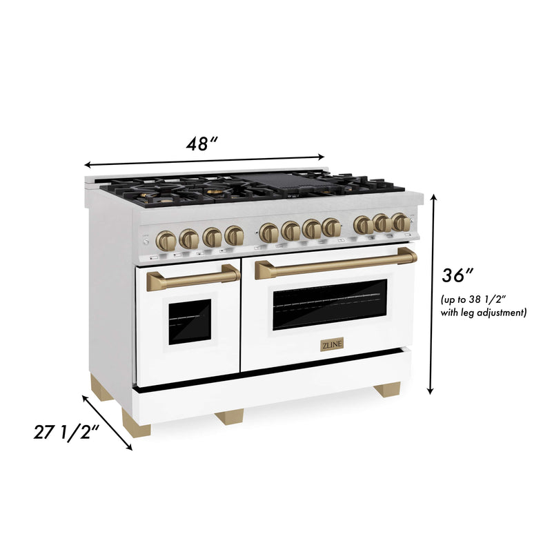ZLINE Autograph Edition 48-Inch Dual Fuel Range with Gas Stove and Electric Oven in DuraSnow® Stainless Steel with White Matte Door and Champagne Bronze Accents (RASZ-WM-48-CB)