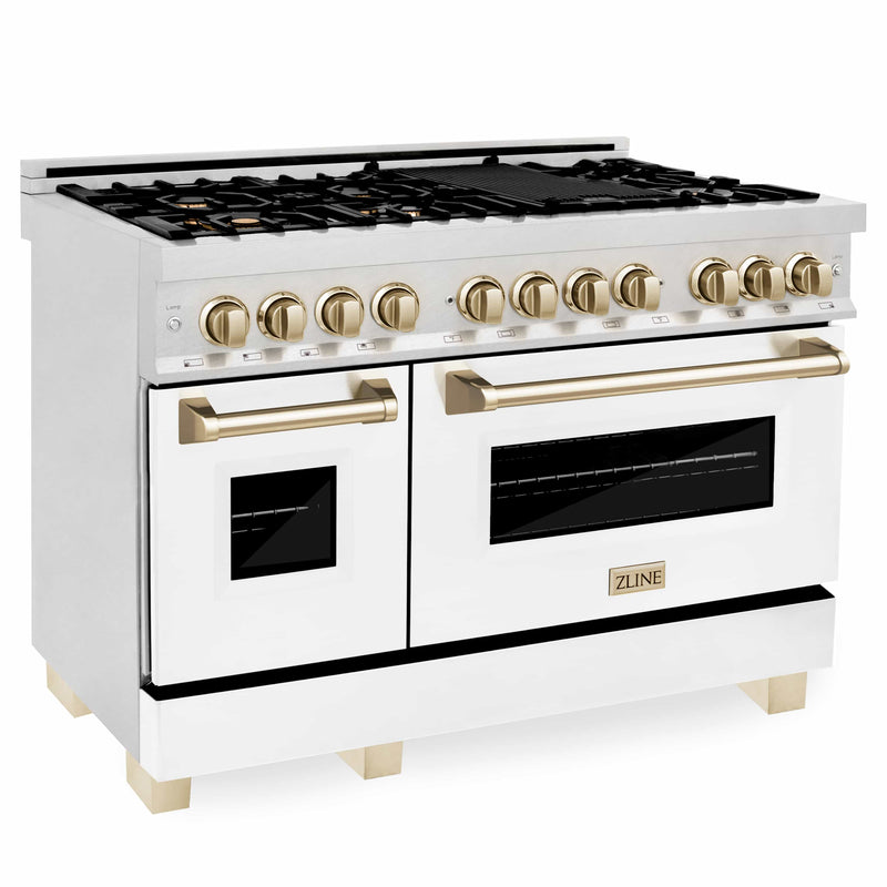 ZLINE Autograph Edition 48-Inch Dual Fuel Range with Gas Stove and Electric Oven in DuraSnow® Stainless Steel with White Matte Door and Gold Accents (RASZ-WM-48-G)