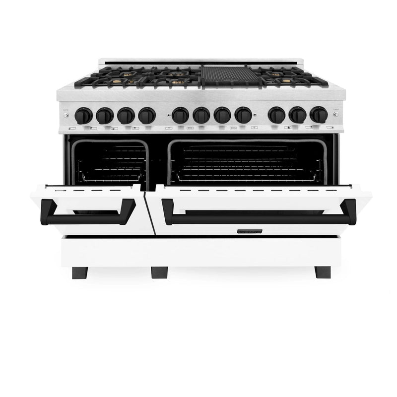 ZLINE Autograph Edition 48-Inch Dual Fuel Range with Gas Stove and Electric Oven in DuraSnow® Stainless Steel with White Matte Door and Matte Black Accents (RASZ-WM-48-MB)