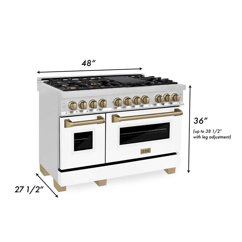 ZLINE Autograph Edition 48-Inch Dual Fuel Range with Gas Stove and Electric Oven in Stainless Steel with White Matte Door and Champagne Bronze Accents (RAZ-WM-48-CB)