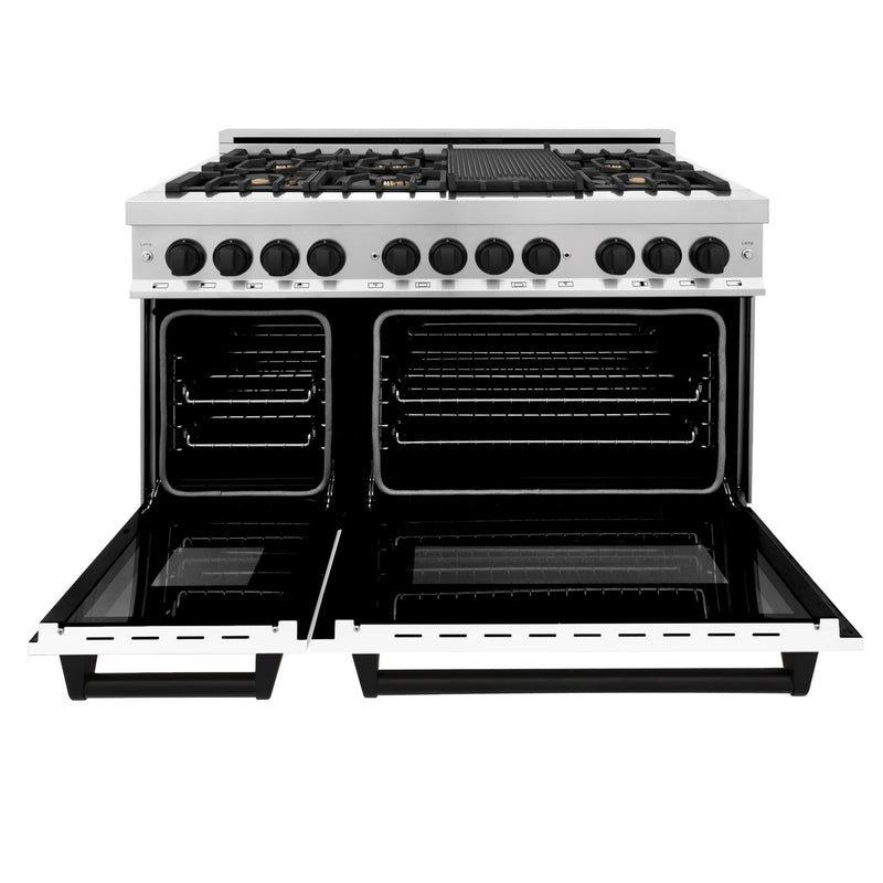 ZLINE Autograph Edition 48-Inch Dual Fuel Range with Gas Stove and Electric Oven in Stainless Steel with White Matte Door and Matte Black Accents (RAZ-WM-48-MB)