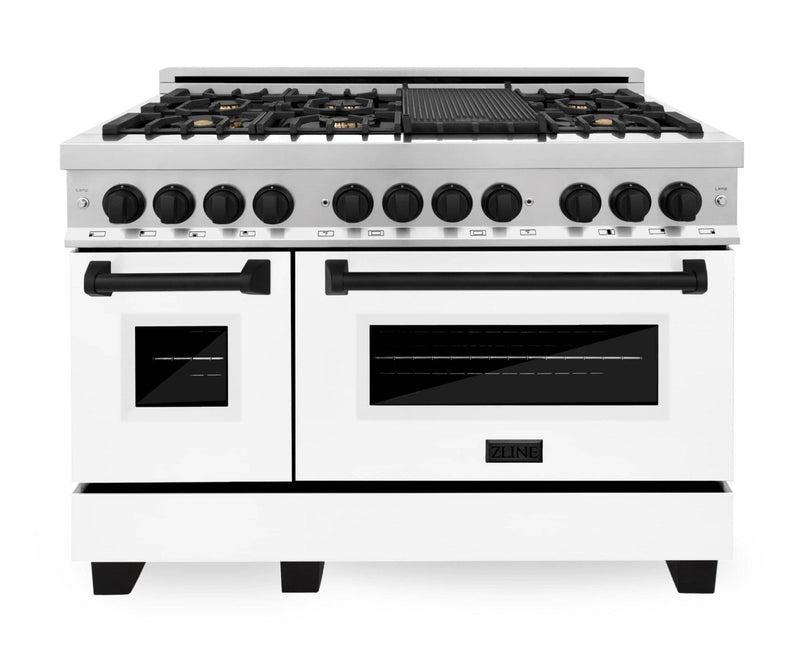 ZLINE Autograph Edition 48-Inch Dual Fuel Range with Gas Stove and Electric Oven in Stainless Steel with White Matte Door and Matte Black Accents (RAZ-WM-48-MB)
