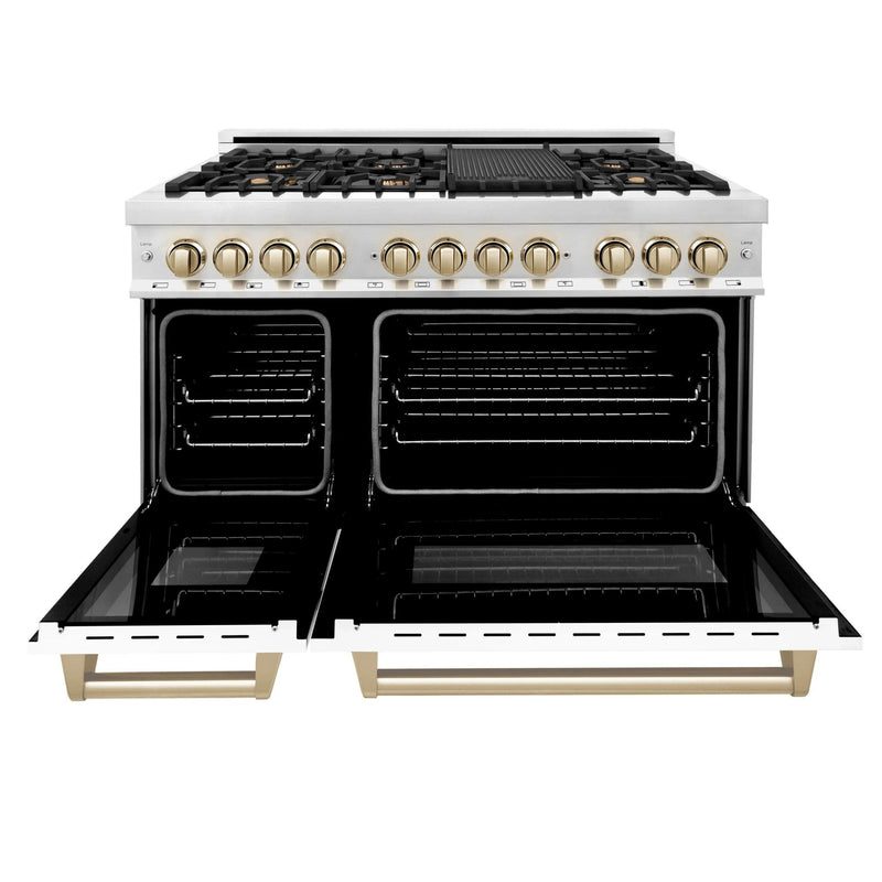 ZLINE Autograph Edition 48-Inch Dual Fuel Range With Gas Stove / Electric Oven in Stainless Steel with White Matte Doors and Gold Accents (RAZ-WM-48-G)