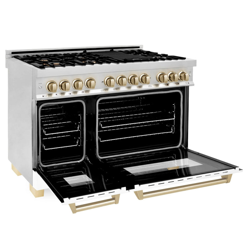 ZLINE Autograph Edition 48-Inch Dual Fuel Range With Gas Stove / Electric Oven in Stainless Steel with White Matte Doors and Gold Accents (RAZ-WM-48-G)