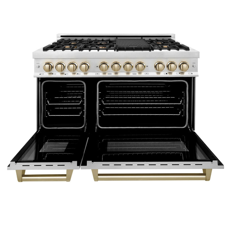 ZLINE Autograph Edition 48-Inch Dual Fuel Range With Gas Stove And Electric Oven In Stainless Steel With Gold Accents (RAZ-48-G)