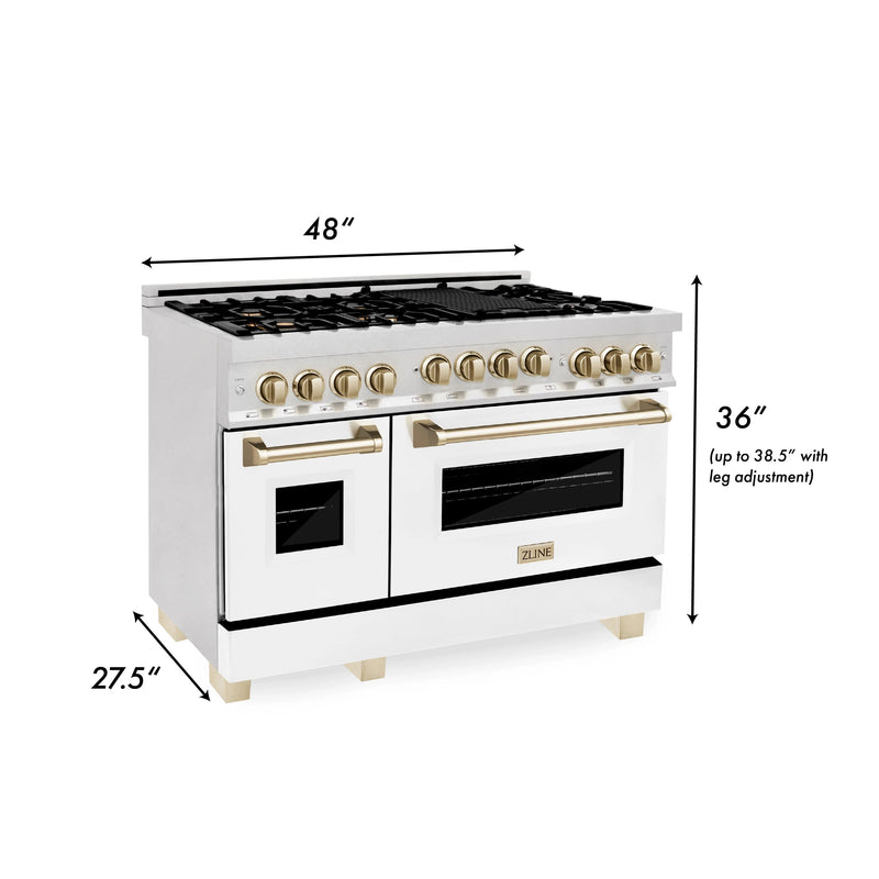 ZLINE 48-Inch Autograph Edition Kitchen Package with DuraSnow Stainless Steel Gas Range, Wall Mount Range Hood and Dishwasher in White Matte and Gold Accents (3AKPR-RGSWMRHDWM48-G)