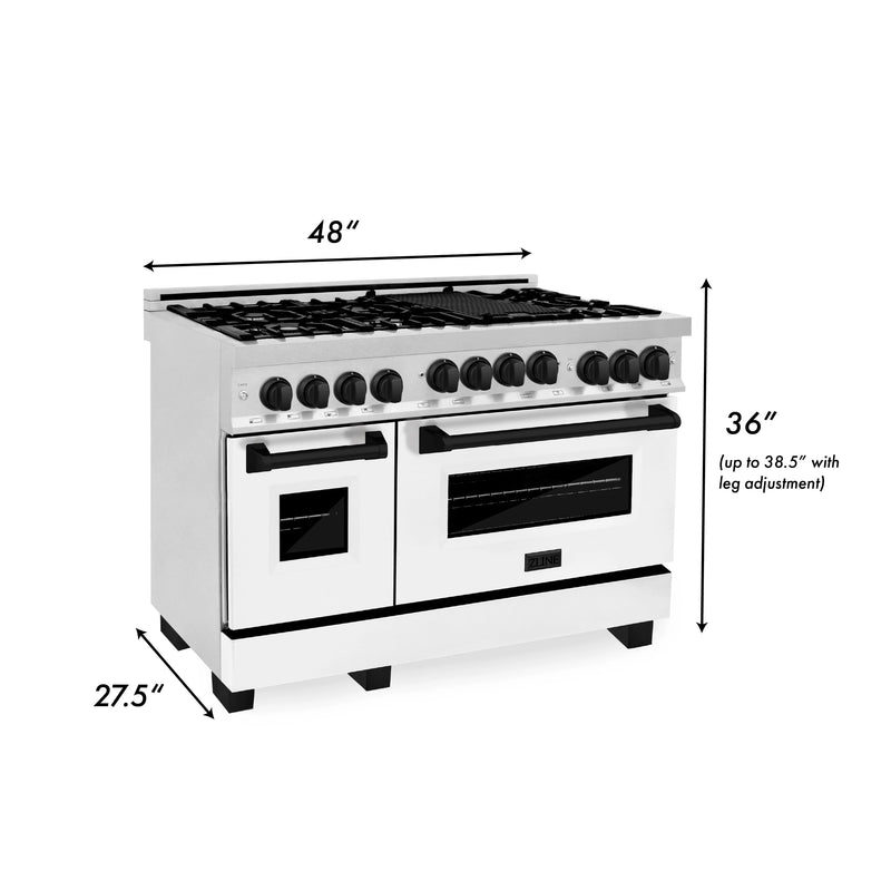 ZLINE 48-Inch Autograph Edition Kitchen Package with DuraSnow Stainless Steel Gas Range, Wall Mount Range Hood and Dishwasher in White Matte and Matte Black Accents (3AKPR-RGSWMRHDWM48-MB)
