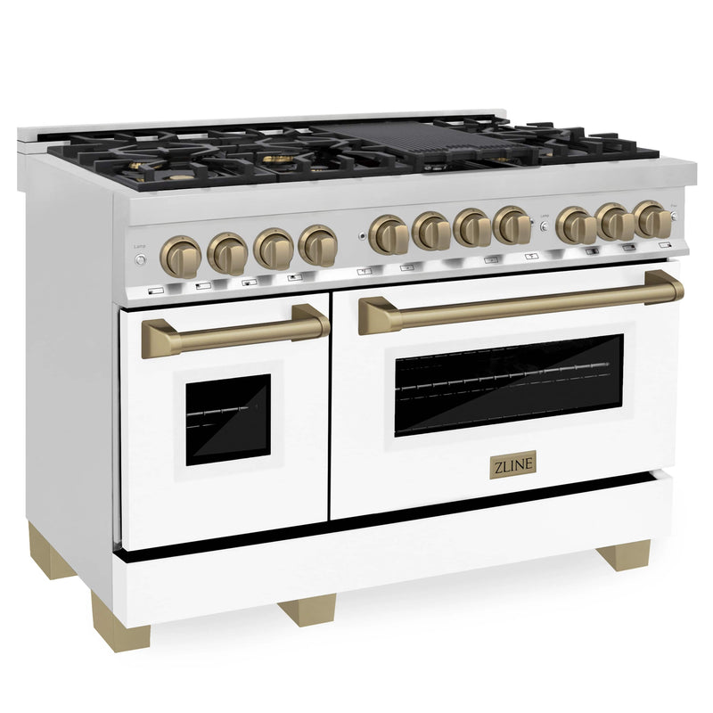ZLINE Autograph Edition 48-Inch Gas Range in Stainless Steel with White Matte Door and Champagne Bronze Accents (RGZ-WM-48-CB)