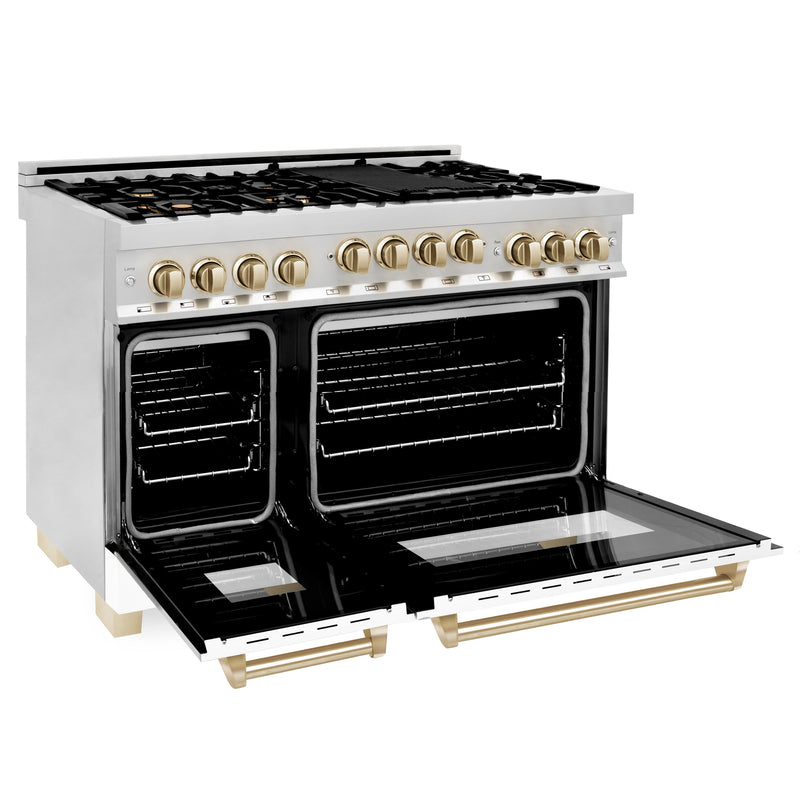 ZLINE Autograph Edition 48-Inch 6.0 cu. ft. Range with Gas Stove and Gas Oven in Stainless Steel with White Matte Door and Gold Accents (RGZ-WM-48-G)