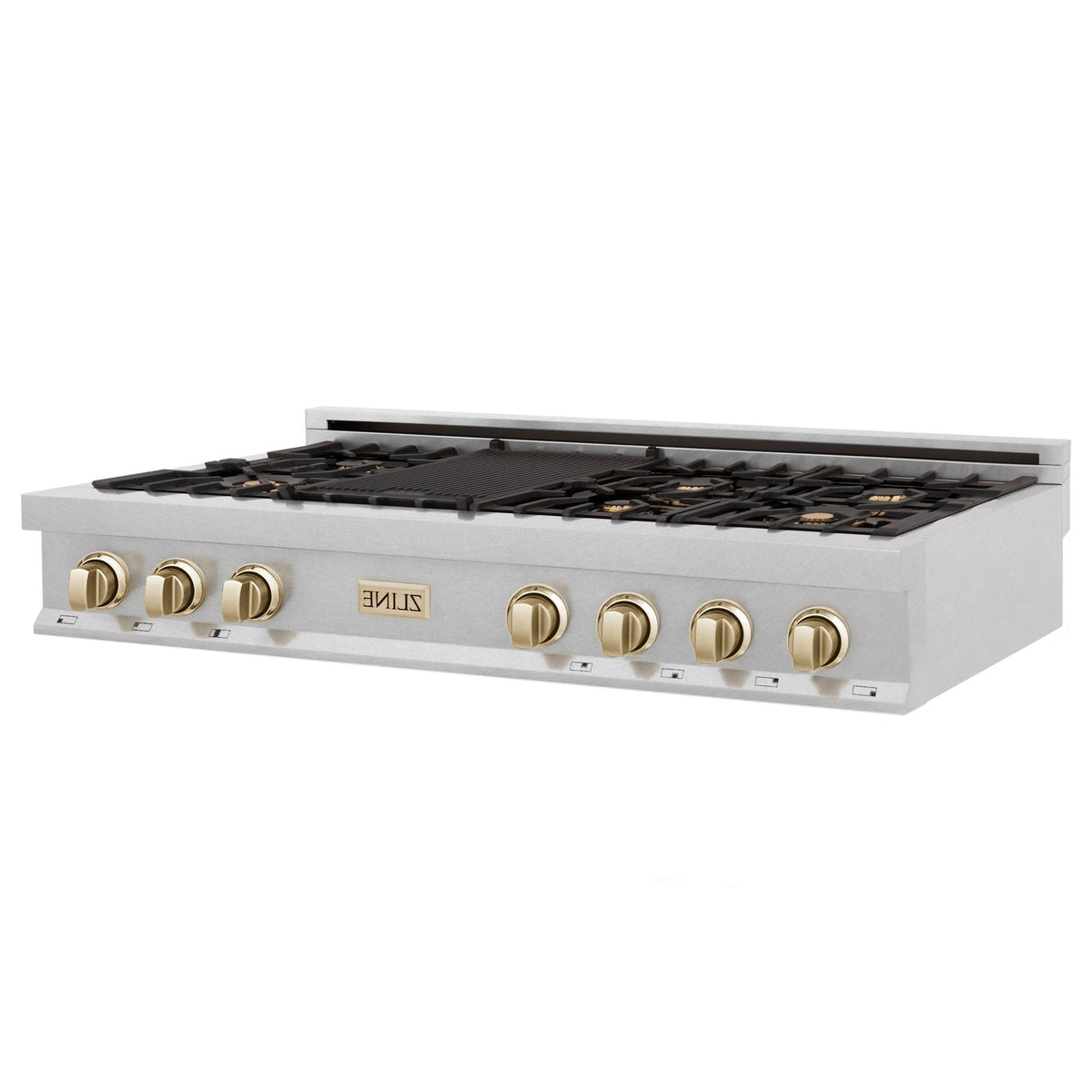ZLINE Autograph Edition 48" Porcelain Rangetop with 7 Gas Burners in Dura Snow Stainless Steel With Accents
