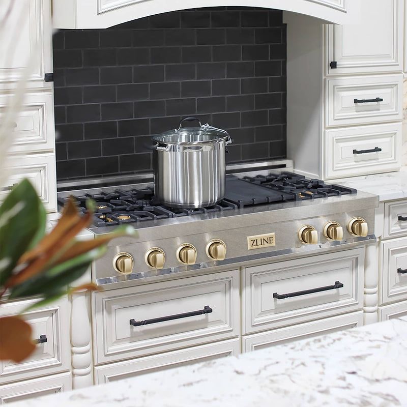 ZLINE Autograph Edition 48" Porcelain Rangetop with 7 Gas Burners in DuraSnow Stainless Steel and Gold Accents (RTSZ-48-G)