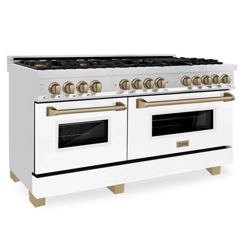 ZLINE Autograph Edition 60-Inch Dual Fuel Range with Gas Stove and Electric Oven in Stainless Steel with White Door and Bronze Accents (RAZ-WM-60-CB)
