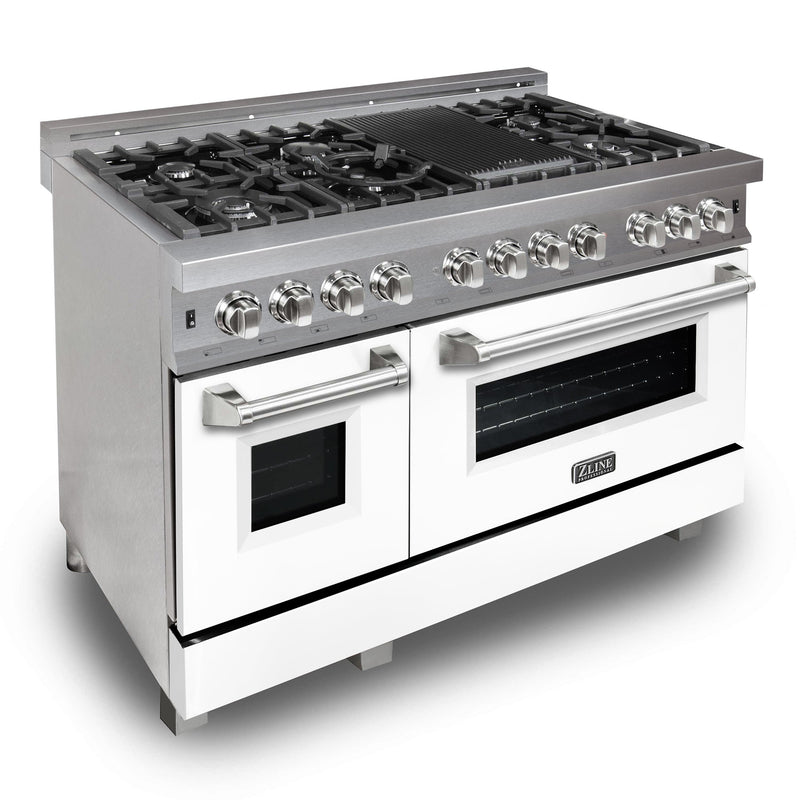 ZLINE 48-Inch Dual Fuel Range with 6.0 cu. ft. Electric Oven and Gas Cooktop and Griddle and White Matte Door in Fingerprint Resistant Stainless (RAS-WM-GR-48)
