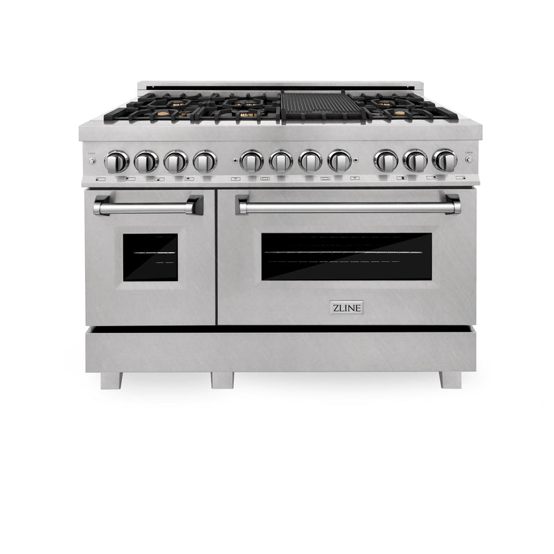 ZLINE 48-Inch Dual Fuel Range with 6.0 cu. ft. Electric Oven and Gas Cooktop with Brass Burners and Griddle in DuraSnow Fingerprint Resistant Stainless (RAS-SN-BR-GR-48)