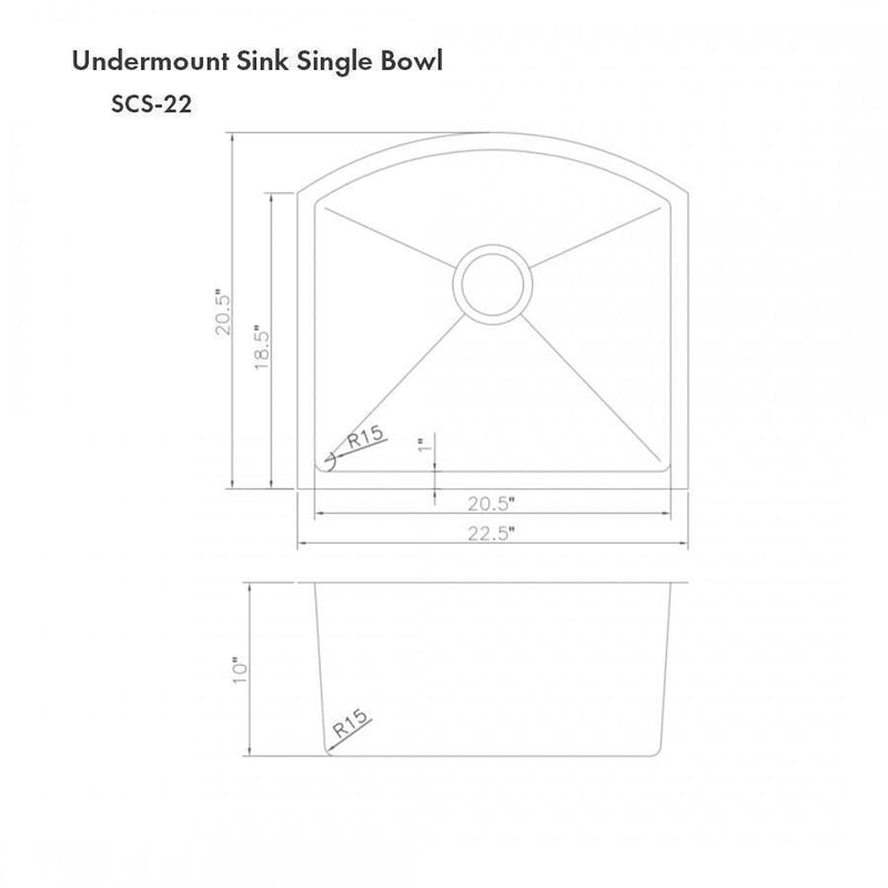 ZLINE Telluride 22 Inch Undermount Single Bowl Sink in Snow Stainless Steel (SCS-22S)