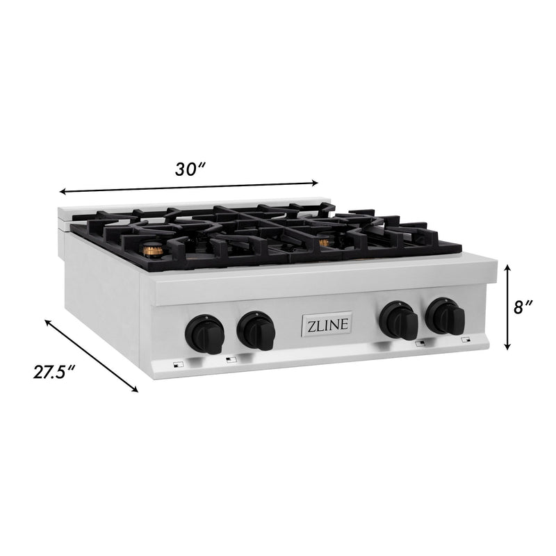 ZLINE Autograph Edition 30-Inch Porcelain Rangetop with 4 Gas Brass Burners in Stainless Steel with Matte Black Accents (RTZ-30-MB)