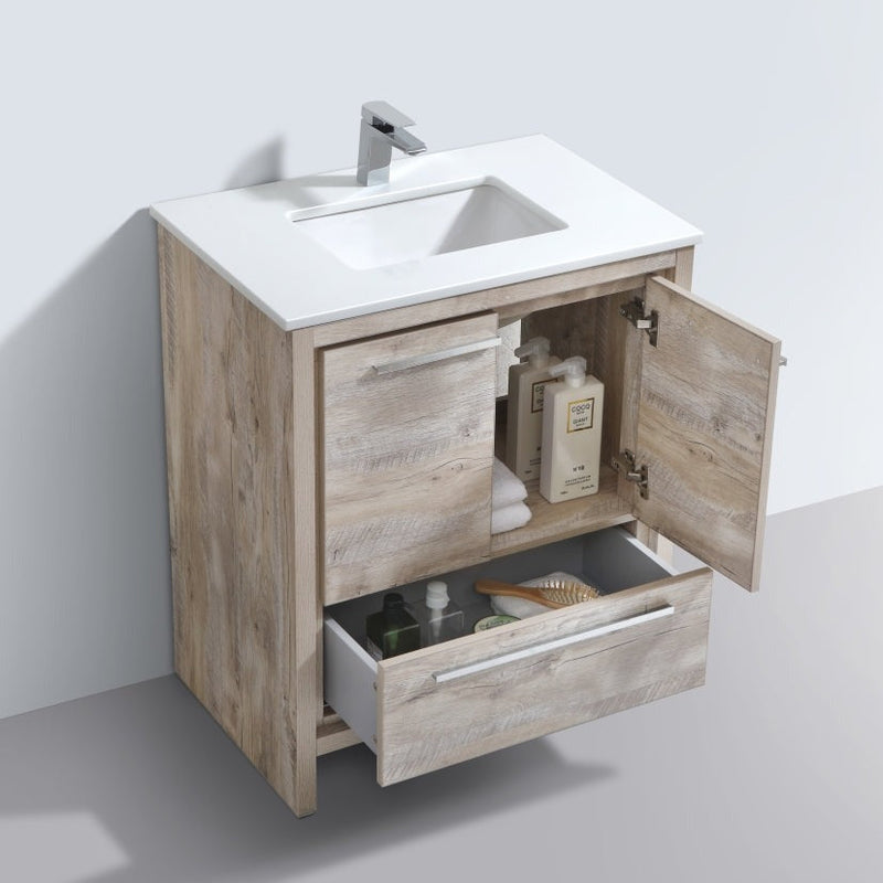 KubeBath Dolce 30″ Nature  Wood Modern Bathroom Vanity with White Quartz Counter-Top AD630NW