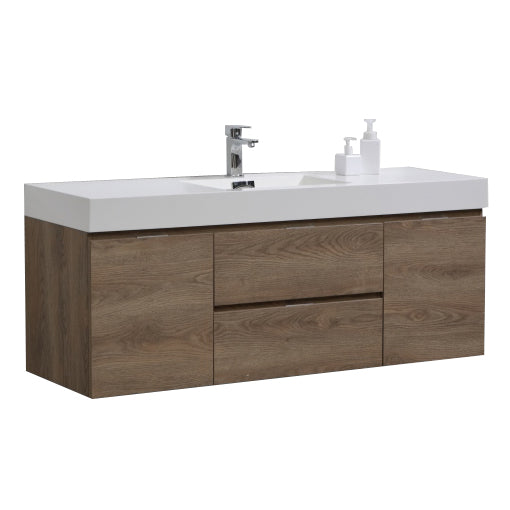 KubeBath Bliss 60" Single Sink Butternut Wall Mount Modern Bathroom Vanity BSL60S-BTN