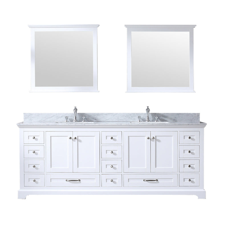 Lexora Dukes 84" White Double Vanity, White Carrara Marble Top, White Square Sinks and 34" Mirrors w/ Faucets LD342284DADSM34F