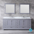 Lexora Dukes 84" Dark Grey Double Vanity, White Carrara Marble Top, White Square Sinks and 34" Mirrors LD342284DBDSM34