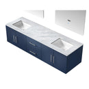 Lexora Geneva 72" Navy Blue Double Vanity, White Carrara Marble Top, White Square Sinks and 30" LED Mirrors - LG192272DEDSLM30