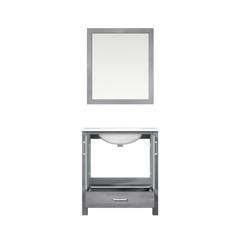 Lexora Jacques 30" Distressed Grey Single Vanity, White Carrara Marble Top, White Square Sink and 28" Mirror LJ342230SDDSM28
