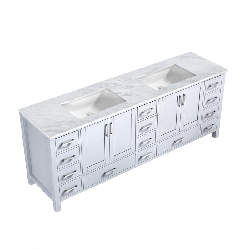 Lexora  Jacques 84" White Double Vanity, White Carrara Marble Top, White Square Sinks and no Mirror LJ342284DADS000