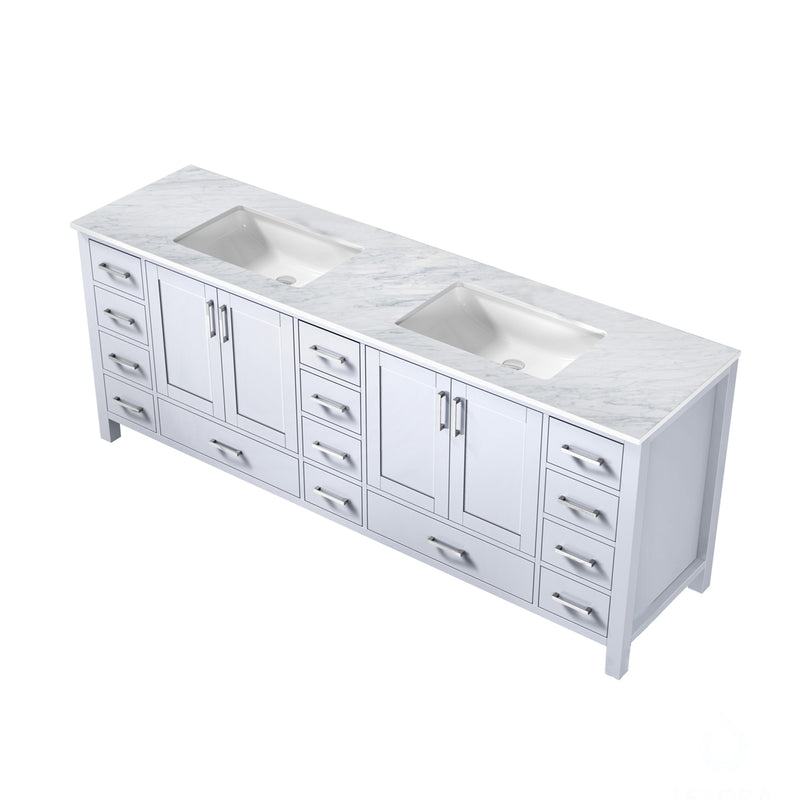 Lexora  Jacques 84" White Double Vanity, White Carrara Marble Top, White Square Sinks and no Mirror LJ342284DADS000