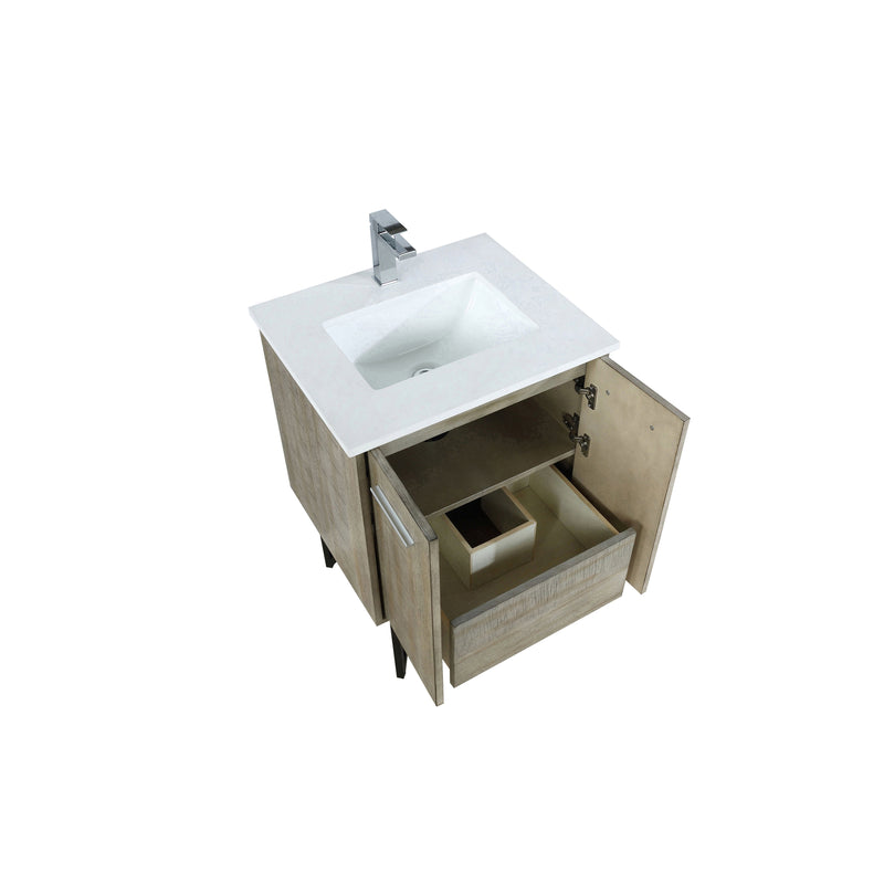 Lexora Lancy 24" Rustic Acacia Bathroom Vanity, White Quartz Top, White Square Sink, and Labaro Brushed Nickel Faucet Set - LLC24SKSOS000FBN