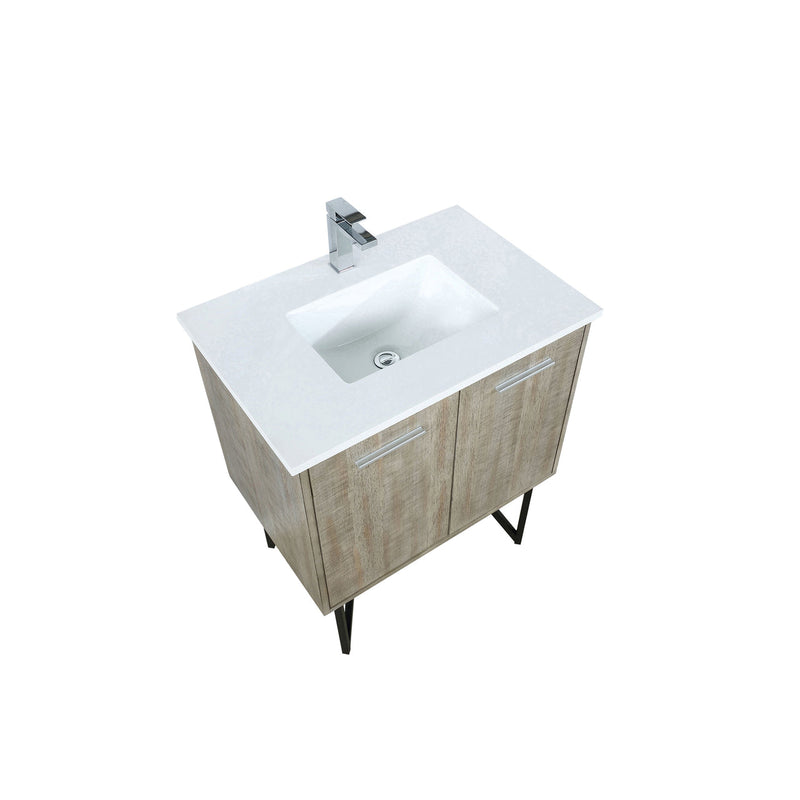 Lexora Lancy 30" Rustic Acacia Bathroom Vanity, White Quartz Top, White Square Sink, and Labaro Brushed Nickel Faucet Set LLC30SKSOS000FBN