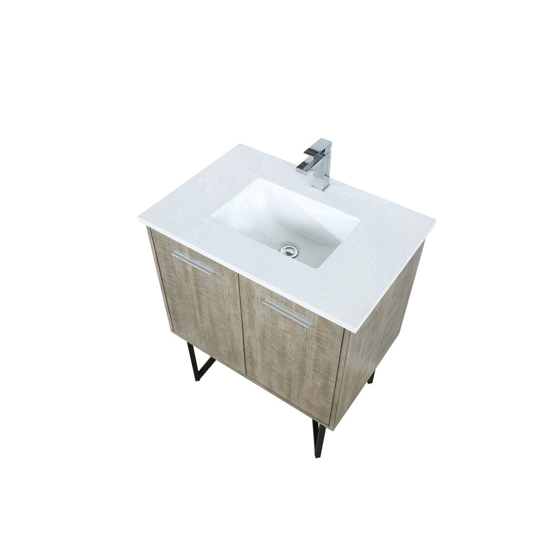 Lexora Lancy 30" Rustic Acacia Bathroom Vanity, White Quartz Top, White Square Sink, and Labaro Brushed Nickel Faucet Set LLC30SKSOS000FBN