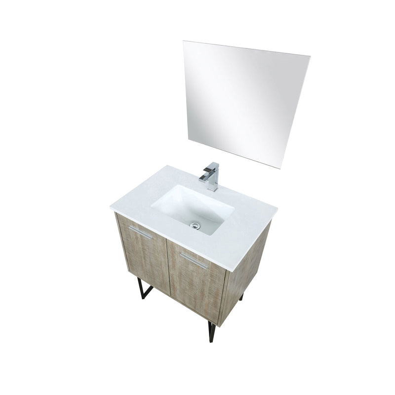 Lexora Lancy 30" Rustic Acacia Bathroom Vanity, White Quartz Top, White Square Sink, Labaro Brushed Nickel Faucet Set, and 28" Frameless Mirror LLC30SKSOSM28FBN